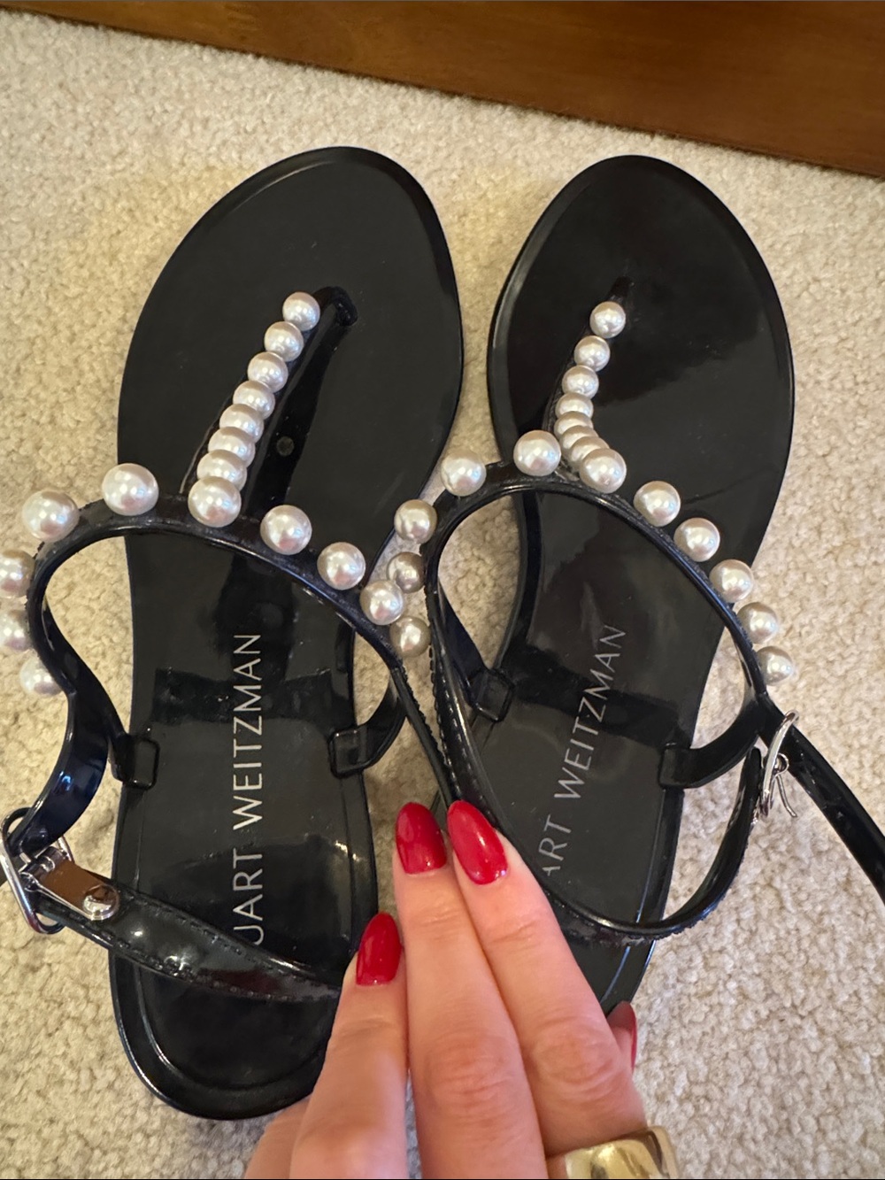 Stuart Weitzman Black Pearl-Trim Jelly T-Strap Sandals